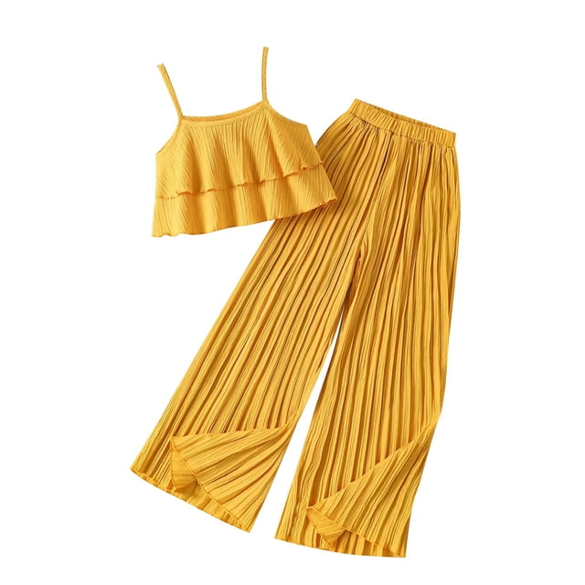 Timegard Girls Clothes Cute Ruffle Camis Wide Leg Pants Sets Solid Color Loose Lightweight Outfits