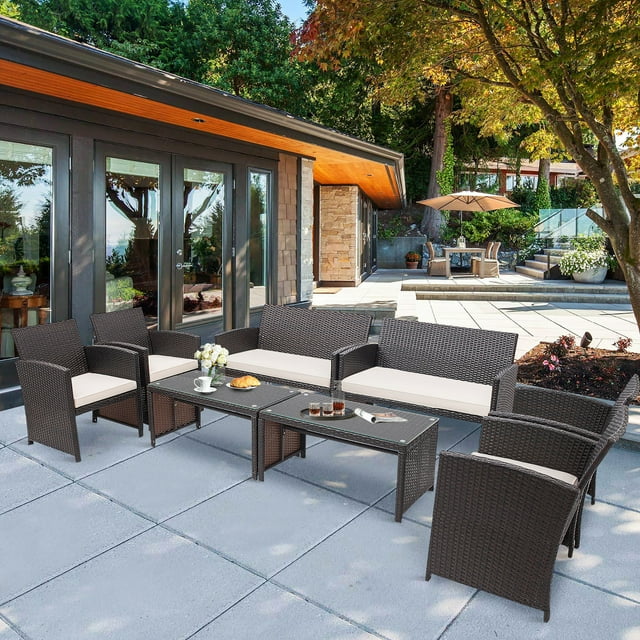 Costway Ensemble de Mobilier de Patio en Rotin 8 Pcs Chaise Coussinée Sofa Table Basse Blanc