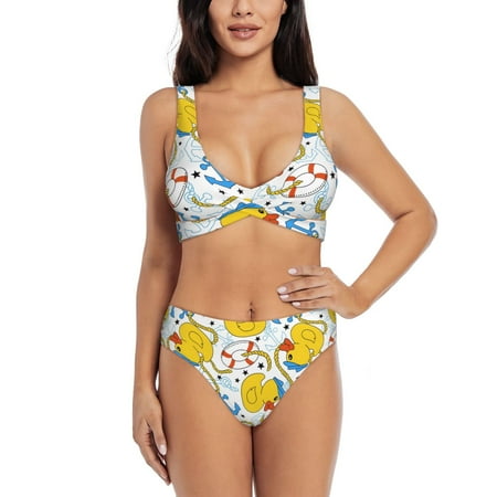 Zeuib Ducks and Anchors High Waisted Tummy Control Bikini Set - Knot Front Push Up Top & Cheeky Thong Bottom  Two-Piece Swimsuit for Women-X-Large