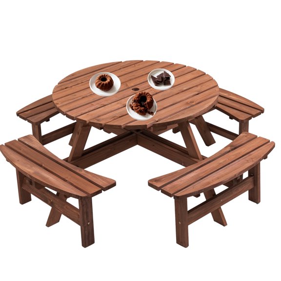 Hassch Wooden Outdoor Patio Garden Round Picnic Table with Bench, 8 Person Table (Brown)