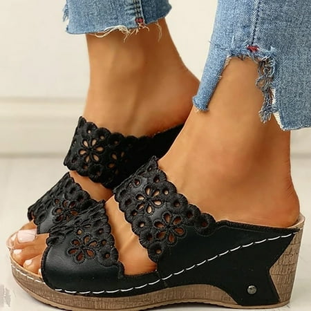 

YOUSNH Women Solid on Casual Open Toe Wedges Comfortable Beach Shoes Sandals Slippers Womens Sandals Black 9(42)