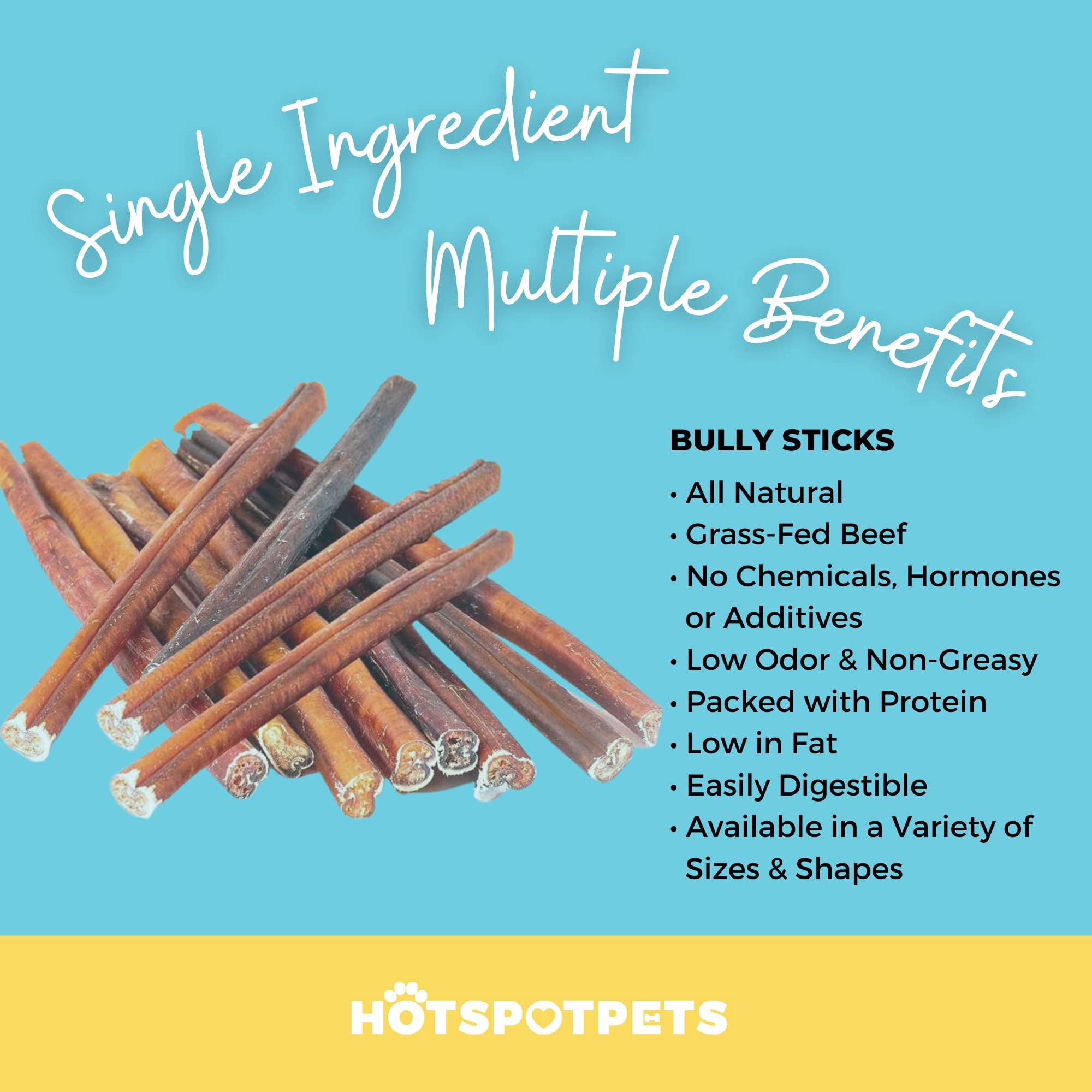 HotSpot Pets All Natural Bully Sticks 12 Inch - 6 Pack, Premium Long Lasting Chews for Large Dogs, 100% Beef