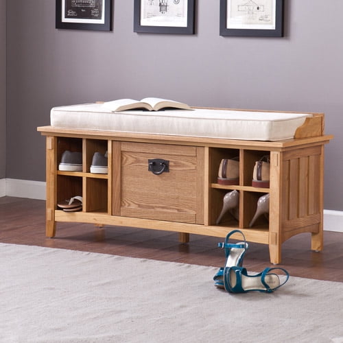 Large Cushioned Oak Storage Bench - Walmart.com - Walmart.com
