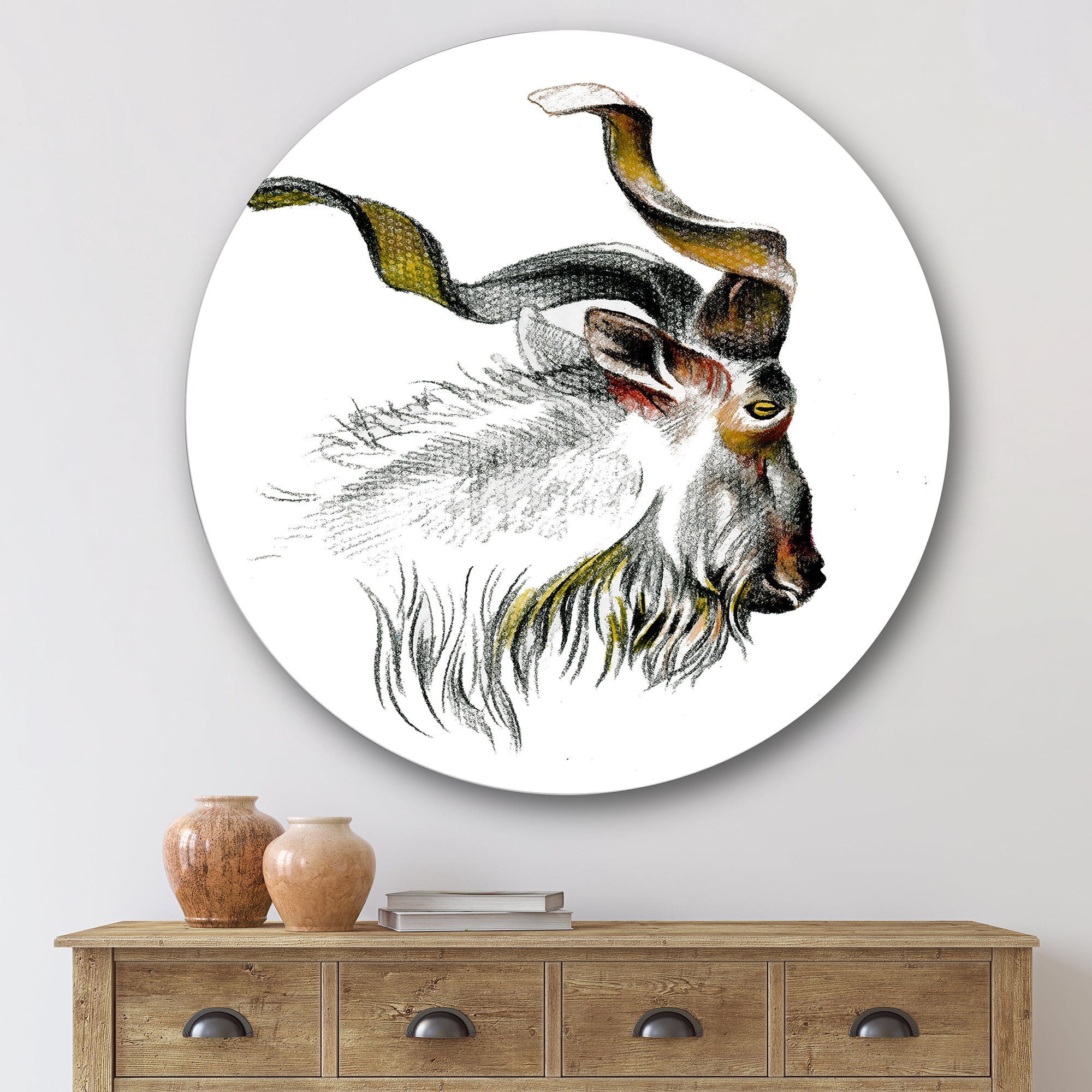 Designart 'Black and White Portrait Of Goat II' Farmhouse Circle Metal Wall Art 36x36 - Disc of 36