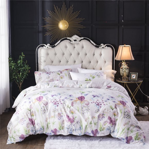 Ensemble de Housse de Couette Floral Ensemble de Literie Format Grand Housse de Couette Blanche en Microfibre avec Fermeture Éclair et Attaches d'Angle