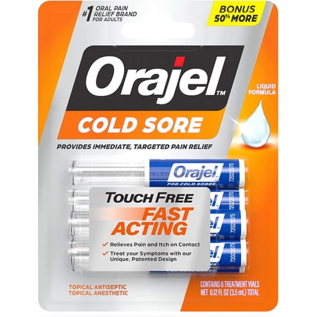 Orajel Touch Free Cold Sore Treatment .12oz, Liquid Formula, Provides Immediate & Targeted Pain Relief, Bonus Size, 6 Applicators.