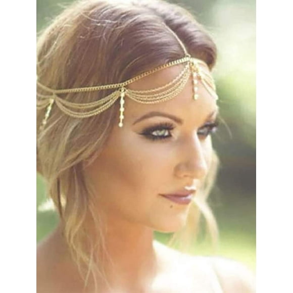 Catery Chaîne en Or pour Cheveux Bijoux de Mariée Serre-Têtes à Franges Boho Headpiece Chaîne de Tête Strass Bijoux pour Cheveux Printemps Été Noël pour Femmes et Filles