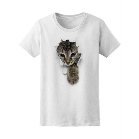 Smartprints Womens Graphic Tee White - Tabby Cat Through Hole 100% Cotton Regular Fit