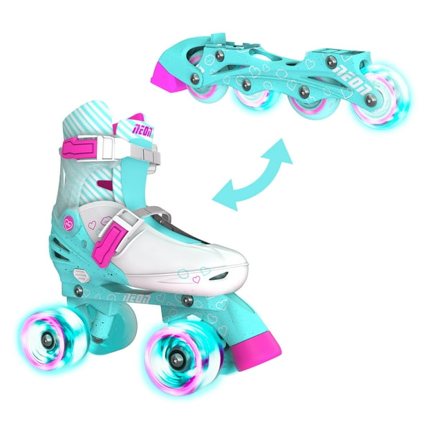 Neon Combo Skates 2in1 Teal/Pink Adjustable Inline and Quad Skates for Girls with Lightup