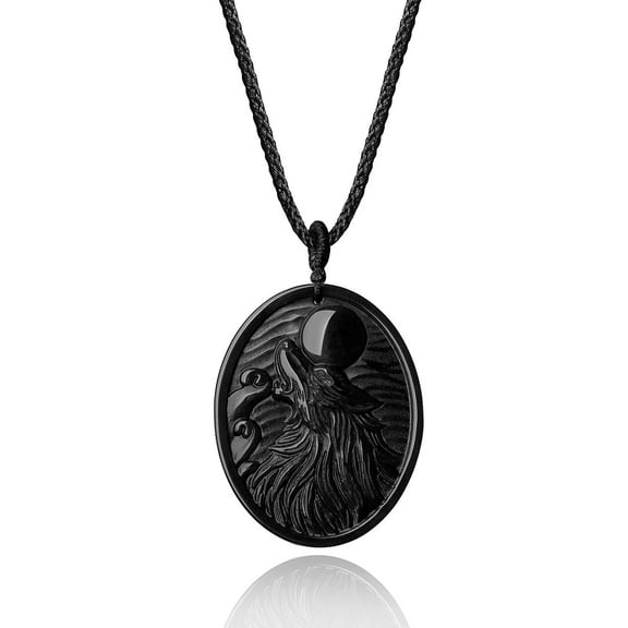 COAI Obsidian Stone Wolf Howling at the Moon Amulet Pendant Necklace for Men Women