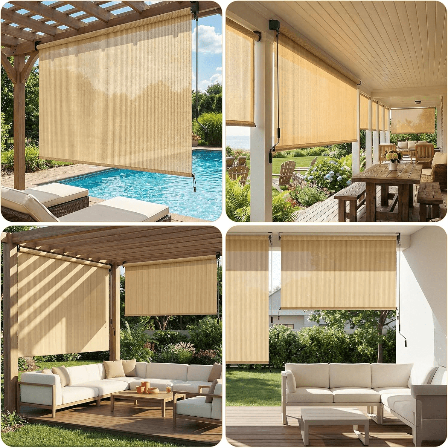 LIFERUN Outdoor Roller Sun Shade 8'W x 8'H, HDPE Shade Cloth & Aluminum Tube, Easy Install for Outdoor Pergola, Porch, and Garden (Sesame)