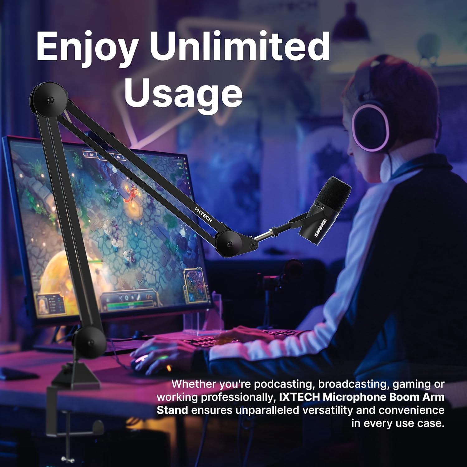 IXTECH Microphone Boom Arm Stand, Heavy Duty Adjustable Mic Stand with Cable Ties, Desk Mount Arm Stand for Gaming Streaming Podcasting (LARGE).