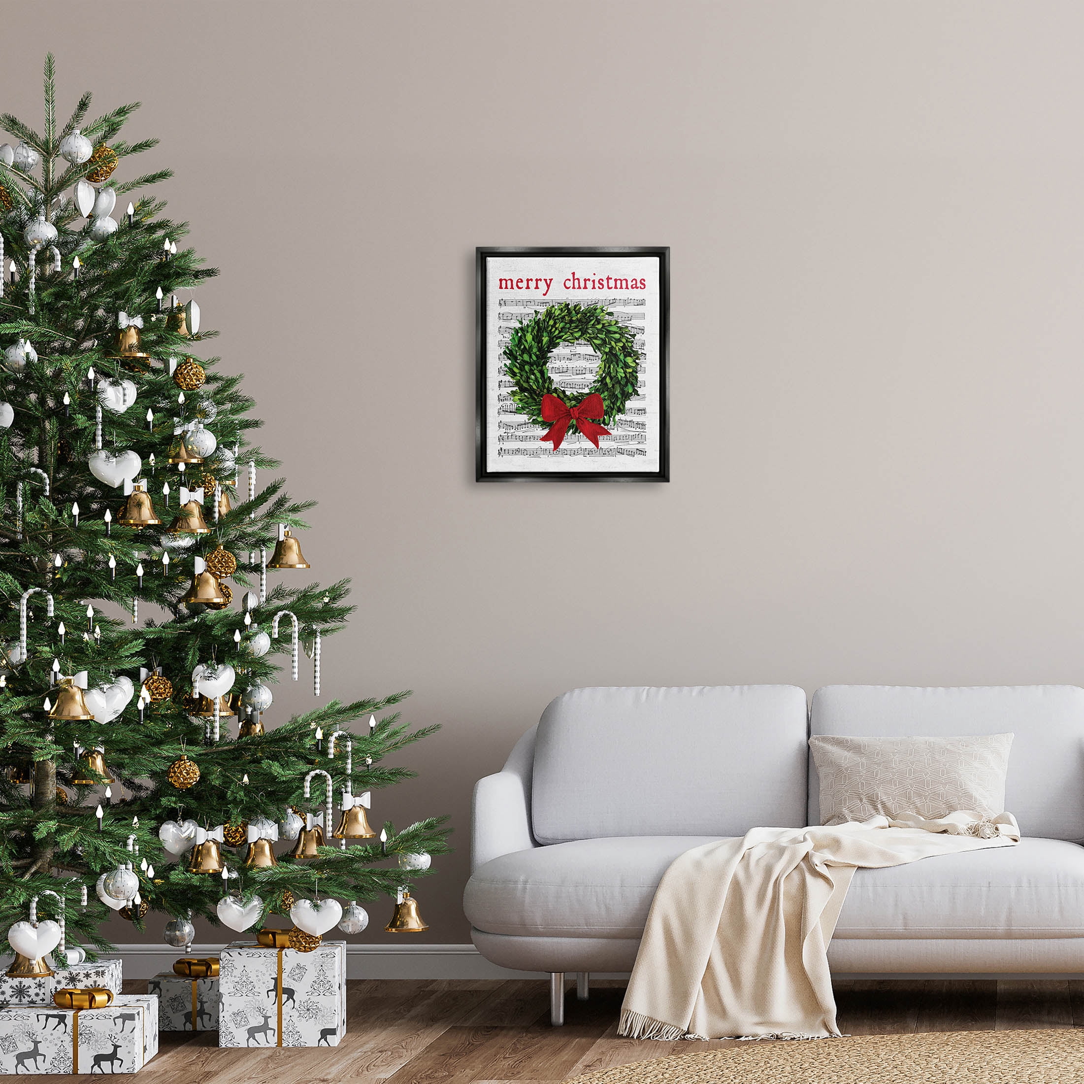 Stupell Industries Merry Christmas Song Wreath Graphic Art Jet Black Floating Framed Canvas Print Wall Art, Design by Lettered and Lined