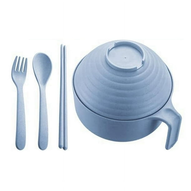 Juego de para Ramen para Microondas con Palillos: Olla para Cocinar Fideos Duradera y Apta para Microondas con Tapa, Ideal para Dormitorios, Azul Nórdico