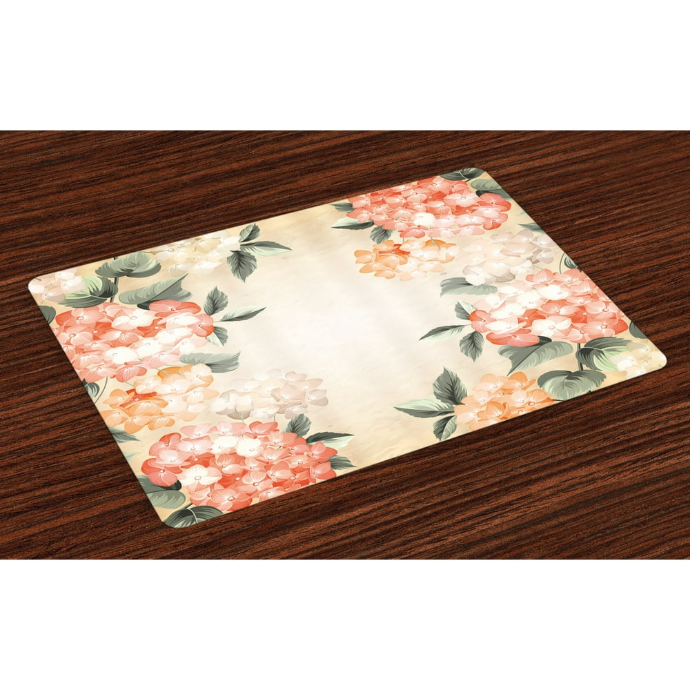 Floral Placemats Set of 4 Blooming Hydrangea Flowers Leaves Bouquet