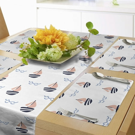 

Sailboat Table Runner & Placemats Scandinavian Style Boat Illustration and Hand Drawn Waves Set for Dining Table Decor Placemat 4 pcs + Runner 14 x72 Night Blue Pale Peach by Ambesonne