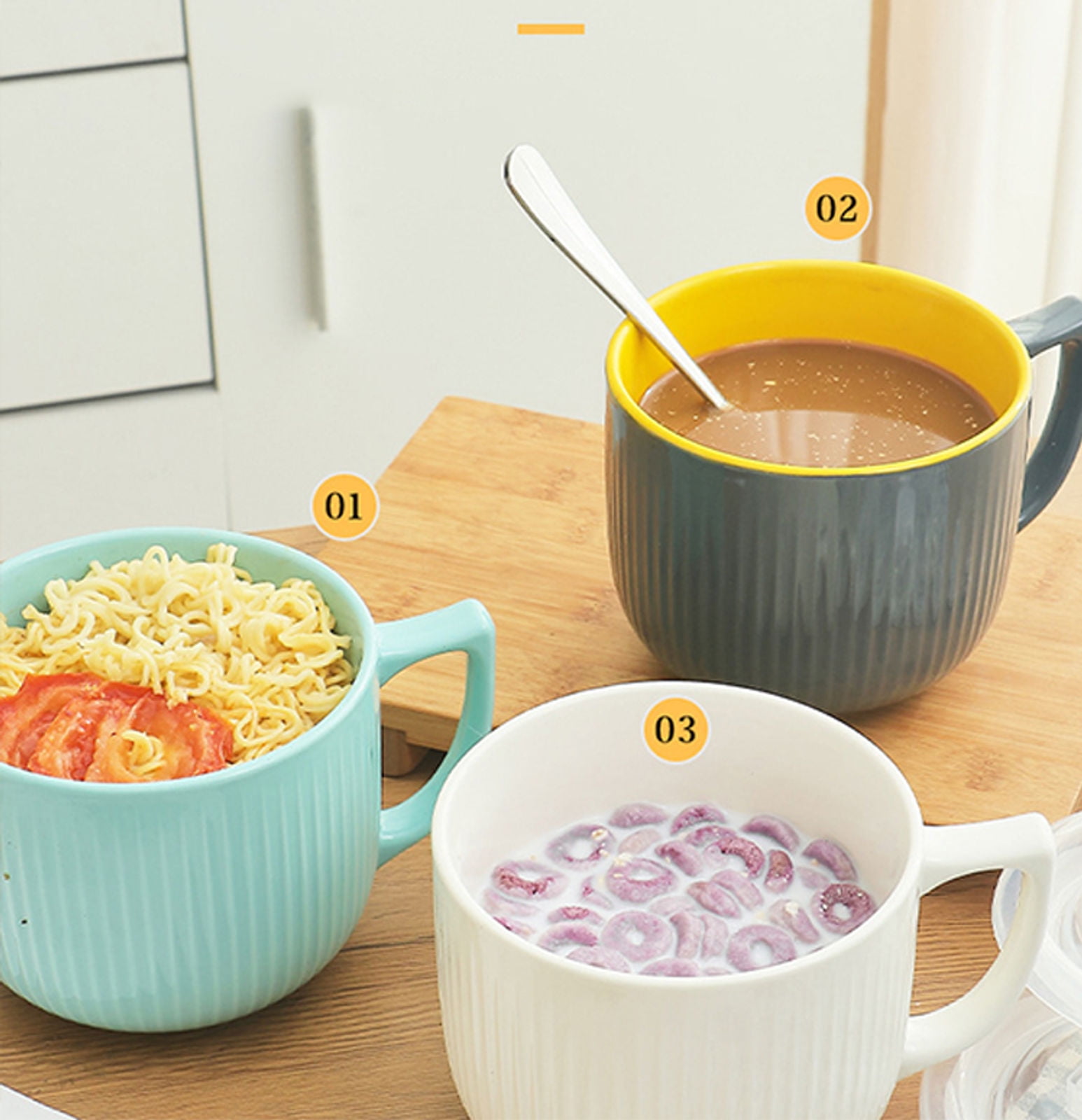 Haifle Microwave Soup Bowls with Lids, 23oz Solid Color Noodle Bowl with Lid, Bowl with Handle, Soup Mug with Lid-yellow-650ml/23oz