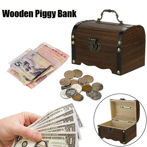 Retro Wooden Treasure Chest Storage Box, Wooden Money Storage Box Bank