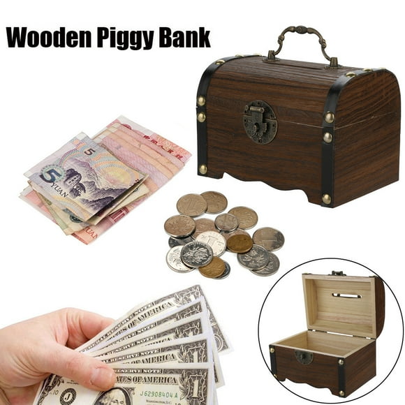 Wooden Piggy Bank with Lock - Handmade Carved Savings Box, Antique Design Money Box for Kids, Boys, Girls, Adults (Brown)