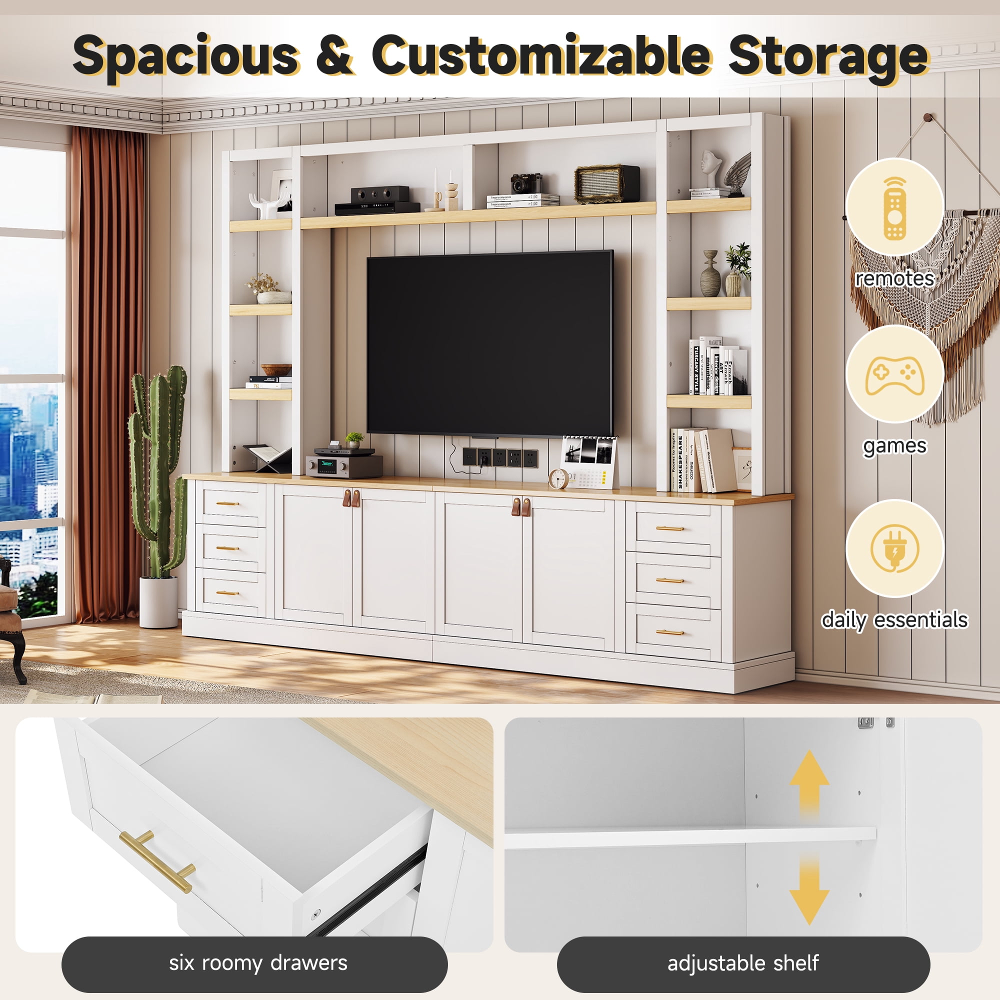 Harper & Bright Designs Farmhouse Wall Unit Entertainment Center 4-Piece with Bookshelves, Media Console with Adjustable Shelves, Large TV Stand with Storage for 75" TV, White