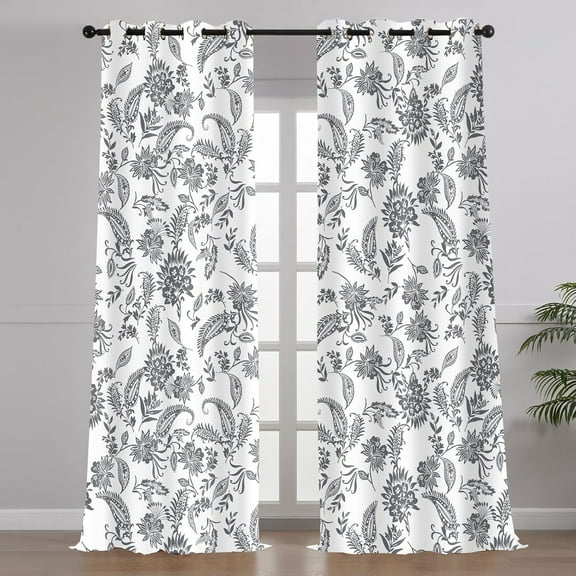 Paisley Floral Print Curtains Farmhouse Vintage Curtains for Bedroom Thermal Insulated Window Treatments Drapes for Living Room, White and Gray 53"W x 96"L (Pack of 2)