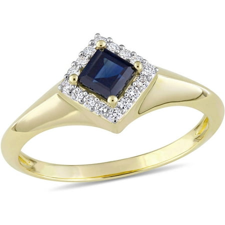 Tangelo 1/2 Carat T.G.W. Blue Sapphire and 1/10 Carat T.W. Diamond 14kt Yellow Gold Halo Engagement Ring