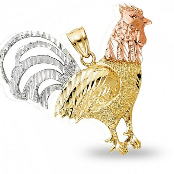 Solid 14k Tri Tone Gold Chinese Zodiac Charm Rooster Pendant Genuine Diamond Cut Chicken High Polished New 37 mm x 39 mm