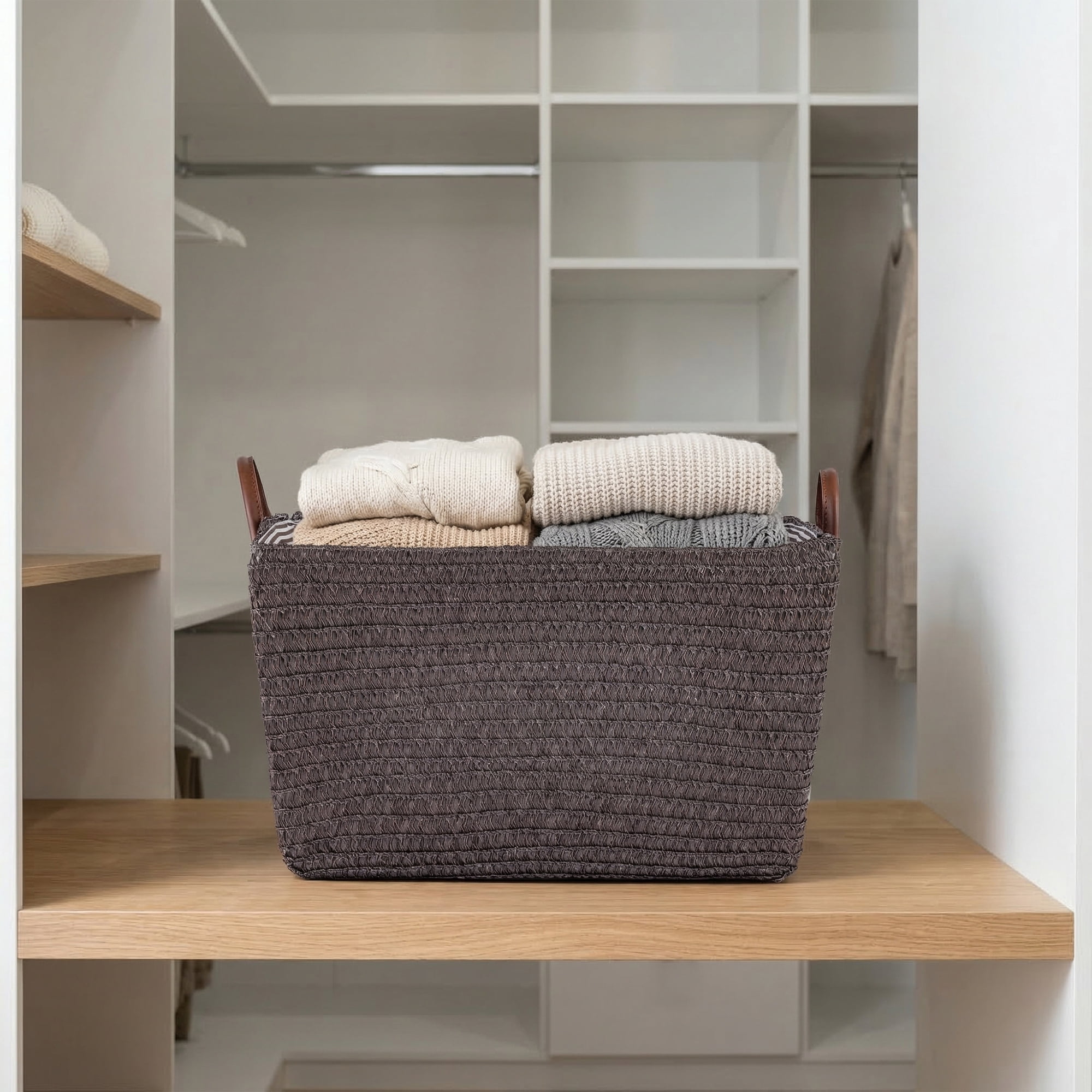 Unique Bargains Good-quality Woven Shelf Closet Storage Bin Brown 17.7*13.8*9.8in