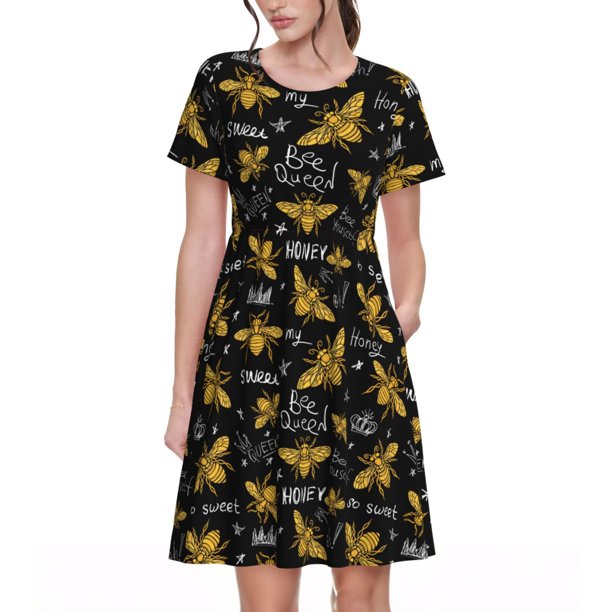 Easygdp Hohey Bee Golden Embroidery para Vestido Transpirable de Mujer, Vestido Suelto de Manga Corta con Pliegues y Bolsillos para el Verano