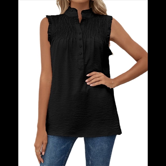 Blusas Sin Mangas con Cuello Abotonado para Mujer, Blusas con Volantes en el Pecho y Plisadas, Camisetas Básicas Informales, Blusa Negra Talla S
