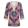 thumbnail image 4 of Raeneomay 3/4 Length Sleeve Womens Tops Fashion Women's Summer V-Neck Lace Print Casual T-Shirt Blouse, 4 of 5