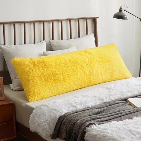 Eryueer Long Fluffy Bolster Pillowcase, Faux Fur Body Pillow Cover with Zipper Closure, Plush Furry Standard Bolster Pillow Case for Pregnant Maternity Women Side Sleeper, 4.6ft, Yellow