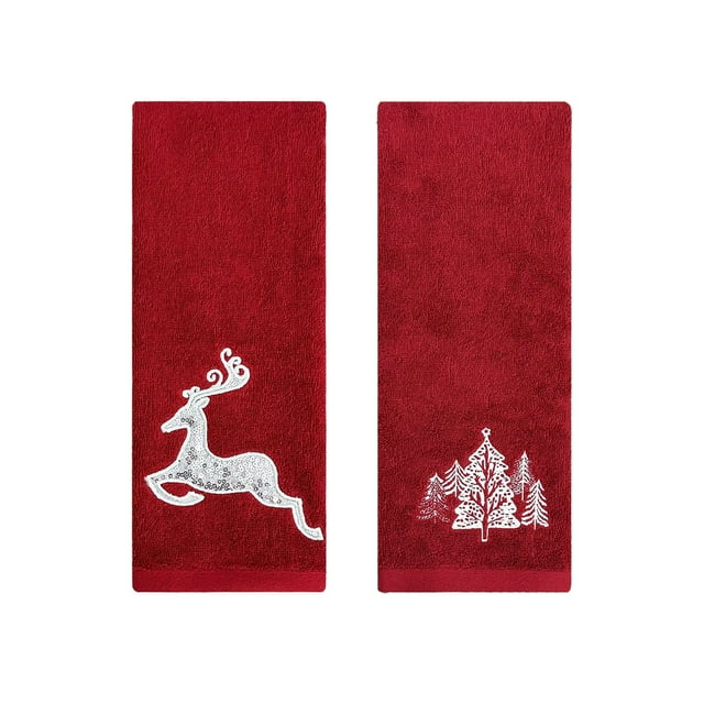 Serviettes à Main de Noël pour Salle de Bain, Ensemble de 2 Serviettes en Coton Rouges avec Motif Brodé d'Orignal, Flocon de Neige et Arbre 15,75 Po x 27,56 Po