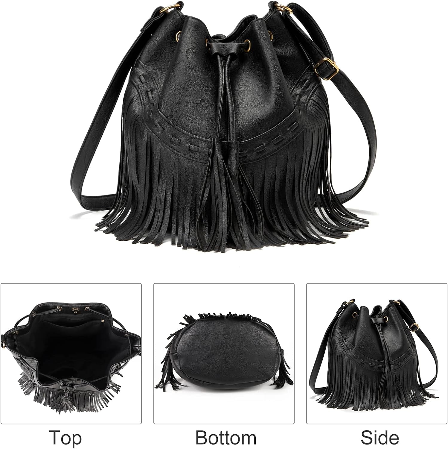Leather Bucket Bags for Women Crossbody Fringe Purses with Drawstring Ladies Tassel Hobo and Shoulder Handbags