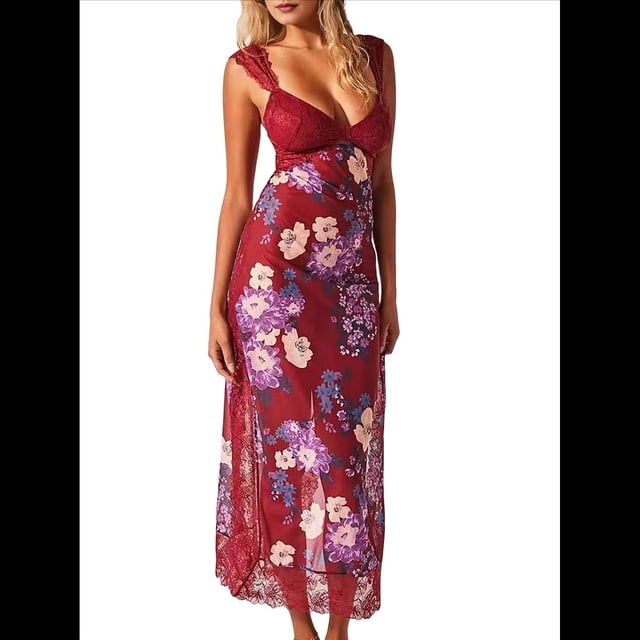Vestidos Largos de Verano Y2K con Encaje, Retazos, , Estampado Floral, Escote Corazón, Espalda Descubierta y Abertura para Mujer Rojo S