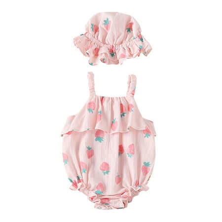 

Zlekejiko Straps Romper Sunsuit Print Girls Strawberry Hat Baby Bodysuit Girls Romper&Jumpsuit
