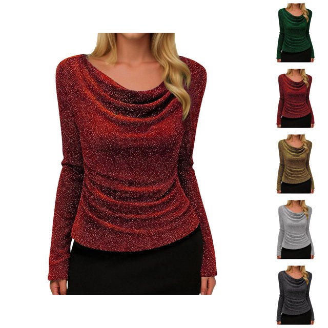 Womens Glitter Tops 2026 Spring Fashionable Long Sleeve Cowl Neck Stretch T Shirt Going out Top Rave Outfits