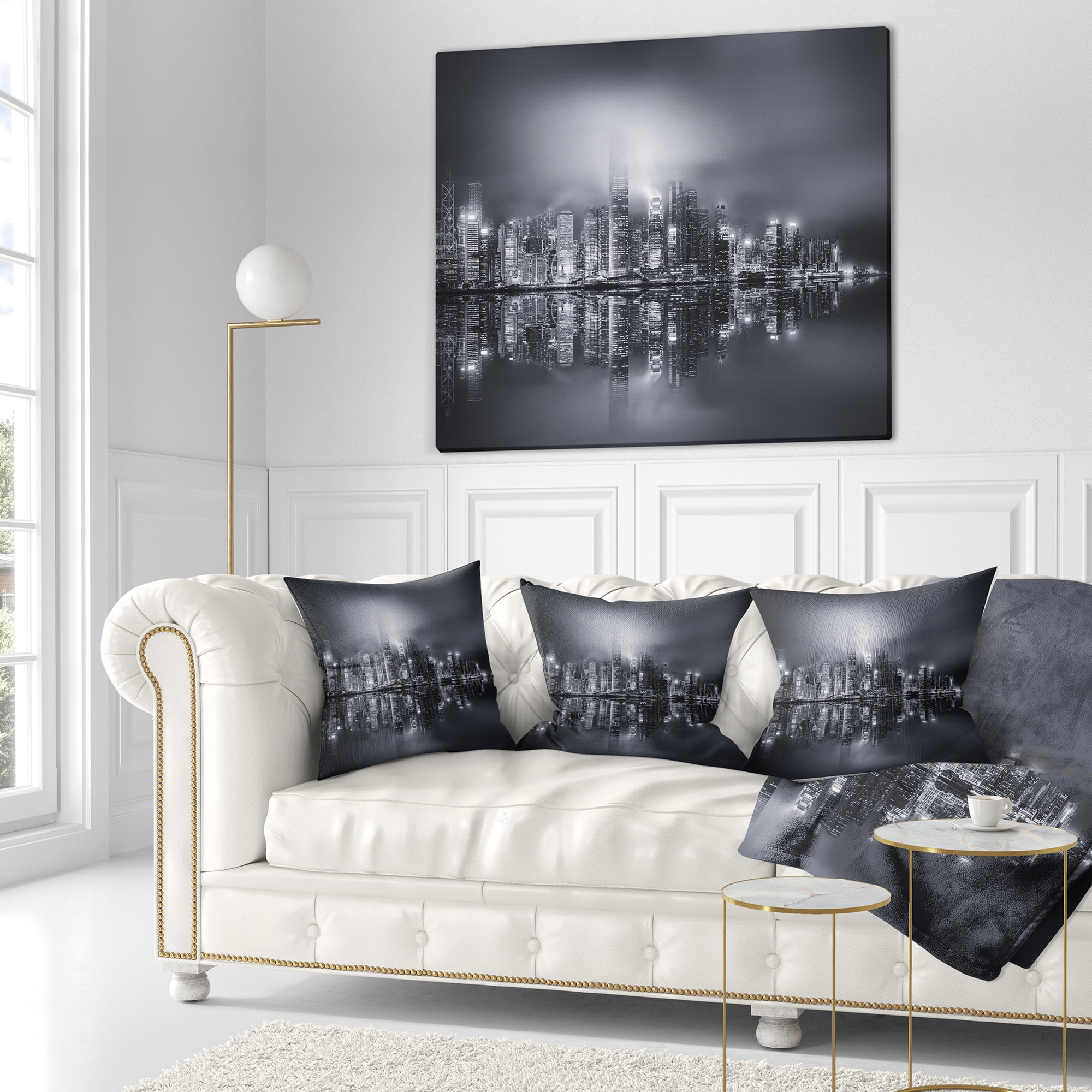 Designart Hong Kong Black and White Panorama - Cityscape Throw Pillow - 16x16