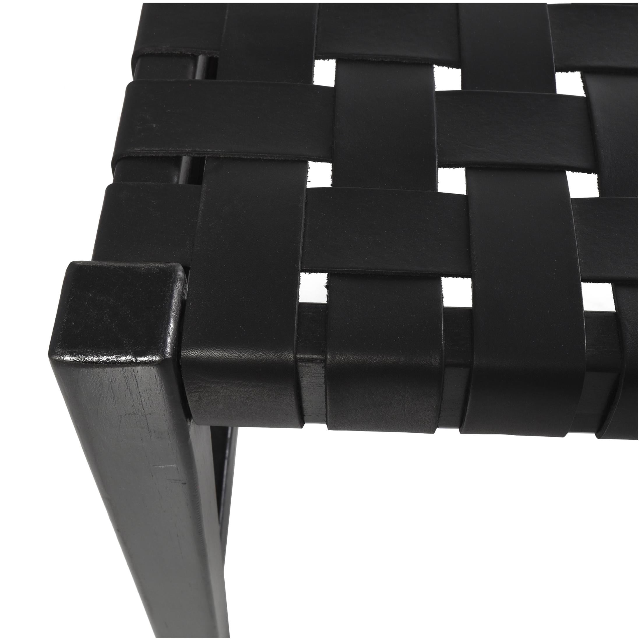DecMode Leather Handmade Woven Bench with Teak Wood Frame, Black