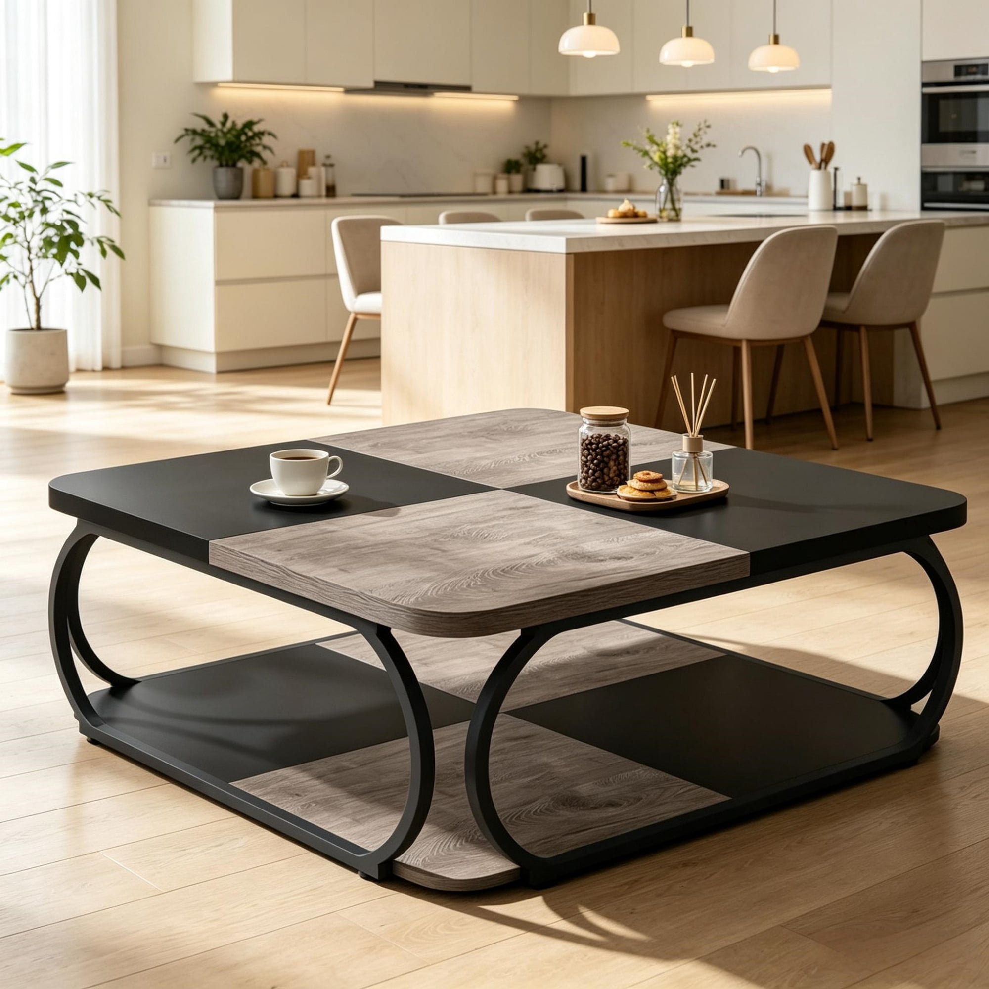 39 Inch Square Cocktail Table with 2 Tier Shelves, Central Coffee Table