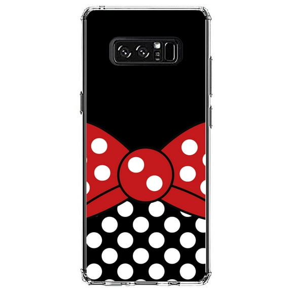 DistinctInk Clear Shockproof Hybrid Case for Samsung Galaxy Note 8 - TPU Bumper, Acrylic Back, Tempered Glass Screen Protector - Black White Polka Dot Red Bow Minnie