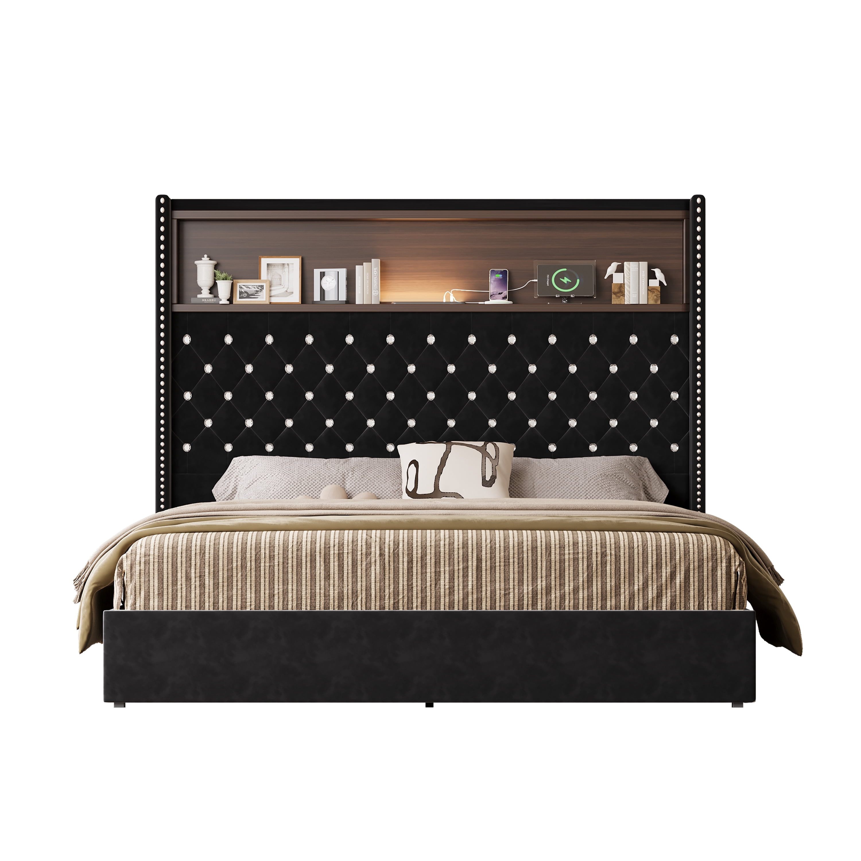 Euroco Upholstered Full Size Tuft Platform Bed with USB Ports and Night Light, Wing Back Headboard with Storage, Black