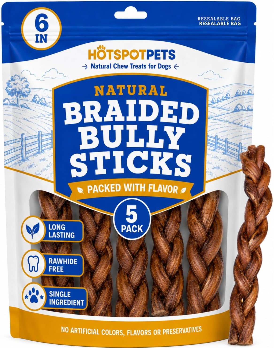 HotSpot Pets All Natural Braided Bully Sticks, 6 Inch, 5 Pack photo 1
