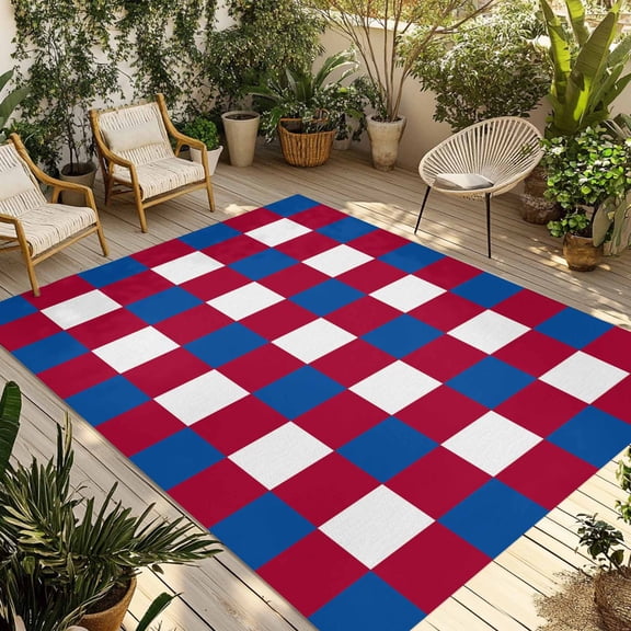 4th of July Outdoor Rug 5x8 Ft - Reversible Patio Rug Outdoor Camping Rugs, Independence Day Red Blue White Plaid Checkered Indoor Outdoor Area Rugs, Non-Slip Outdoor Carpet Runner for Deck/Porch