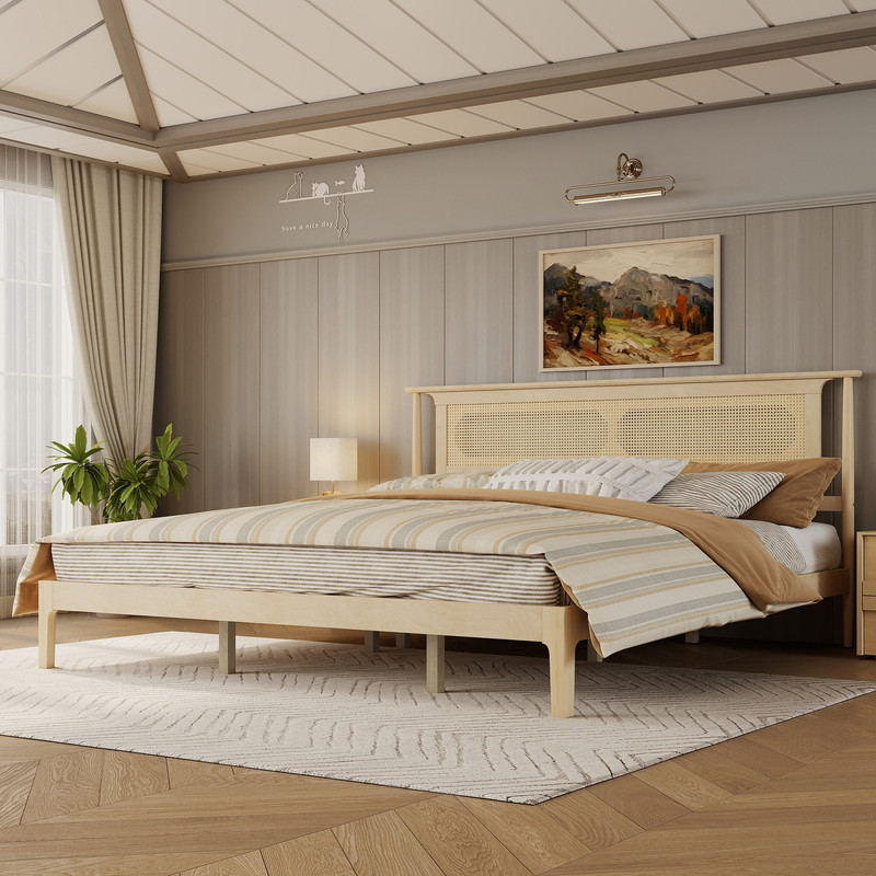 King Size Wooden Platform Bed with Rattan Headboard, Low-Profile Bed Frame with 8.6'' Under-Bed Storage