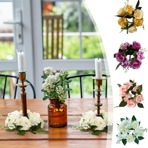 Anillos de Rosas Artificiales para Velas - Candelabro Floral de Seda para Centros de Mesa de Boda | Decoración de Mesa para Fiestas y Hogar | Blanco/Rosa/Amarillo/Morado
