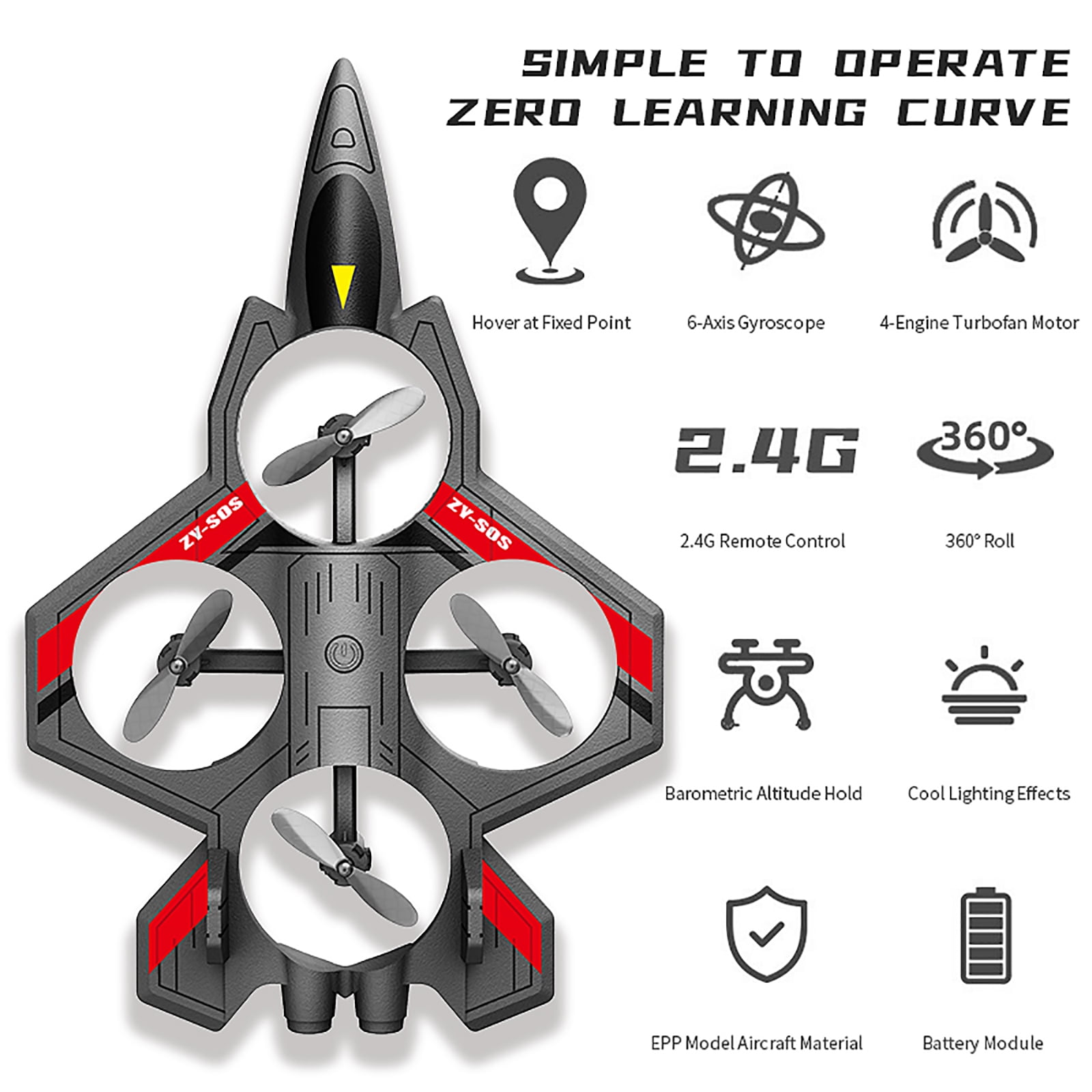 Remote Control Airplane, VTOL RC Plane with 360° Stunts & LED Lights, 2.4G 4-Channel Fighter Jet Drone with Altitude Hold & Easy One-Key Operation for Beginners