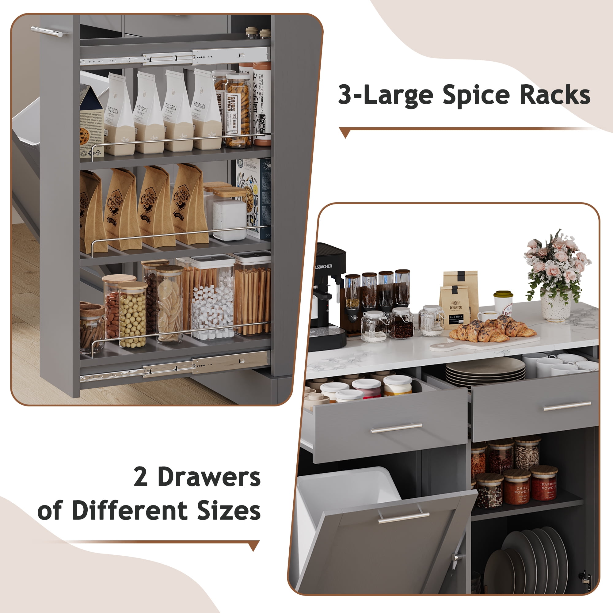 DreamCurship 52" Kitchen Island with Storage, Rolling Kitchen Cart Island with Wheels, Tilt Out Kitchen Trash Cabinet 10 Gallon Storage, 3 Large Spice Racks and 2 Drawers, Gray