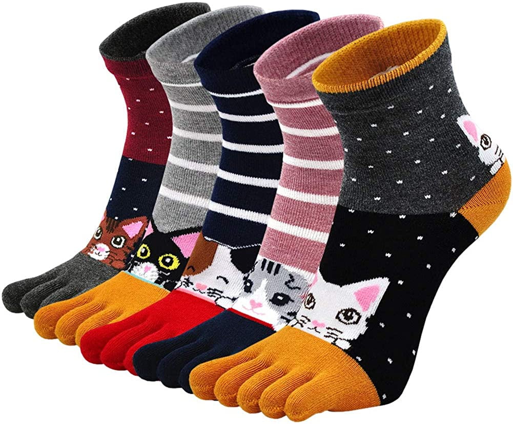 Hellomamma Toe Socks Mens Five Finger Striped Sock Running Athletic Cotton Ankle Sox 5 Pairs 