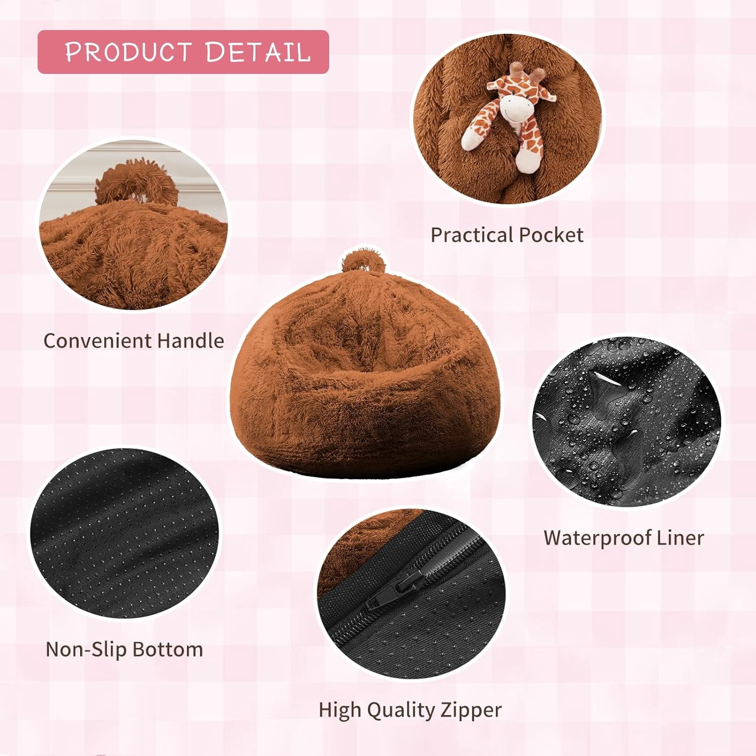 General Bean Bag Cover (No Filler), Stuffed Animal Storage Bean Bag Covers for Kids, Soft Faux Fur Washable Cover with Pocket Handle, Comfy Fluffy Beanbag for Organizing Plush Toys, 27"x21" Brown